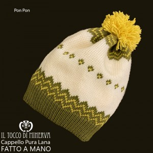 Pure wool pon pon yellow green hat - Handmade