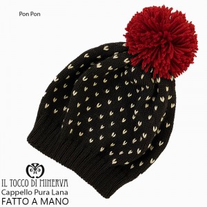 Pure wool Pon Pon hat black bordeaux - Handmade