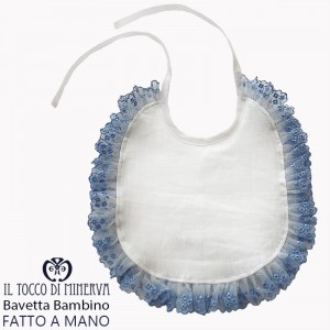 Baby bib in linen with light blue lace - Handmade