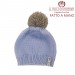 Light blue pure wool hat with dove gray Pon Pon - Handmade