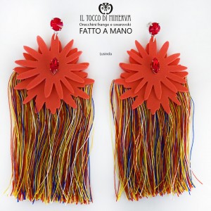 Multicolored fringed earrings and Lusinda coral swarovski crystal