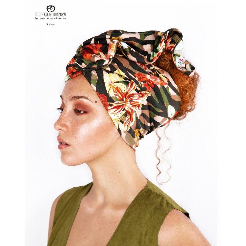 Turbante per capelli Cotone camouflage fiorato Sharon Realizzato a Mano